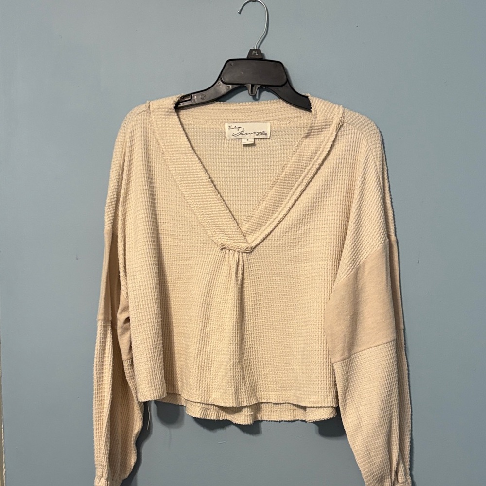 Vintage Cream V-Neck Waffle Knit Sweater